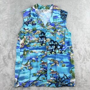Vintage Clio Top Medium Blue Ocean Seashell Cotton Sleeveless Hawaiian Made USA